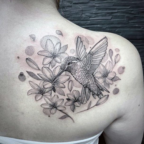 Cheerful Flowers And Hummingbird Grey Tattoo Womens Back