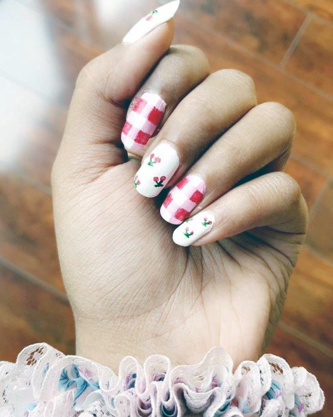 Cherry And Checks On White Nails Women