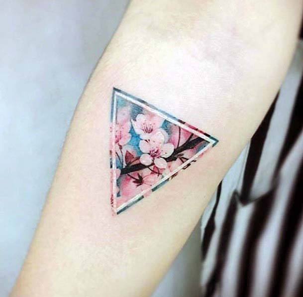 Cherry Blossom Geometric Frame Tattoo Women