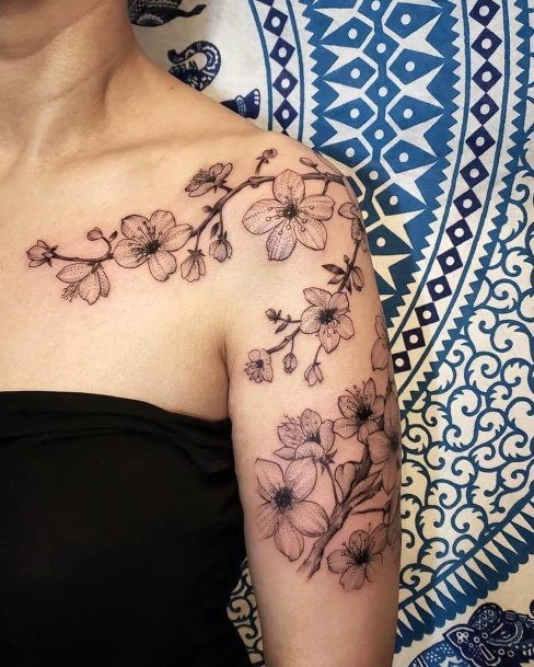 Cherry Blossom Grey Creeper Tattoo For Women