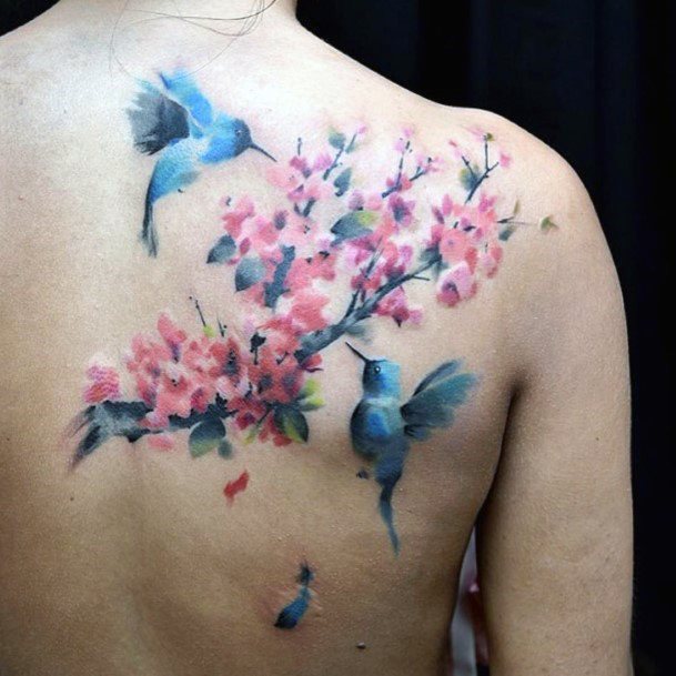 Cherry Blossoms And Bird Tattoo Womens Back