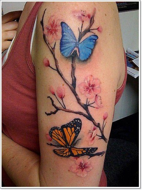 Cherry Blossoms And Blue Butterfly Tattoo For Women On Arms