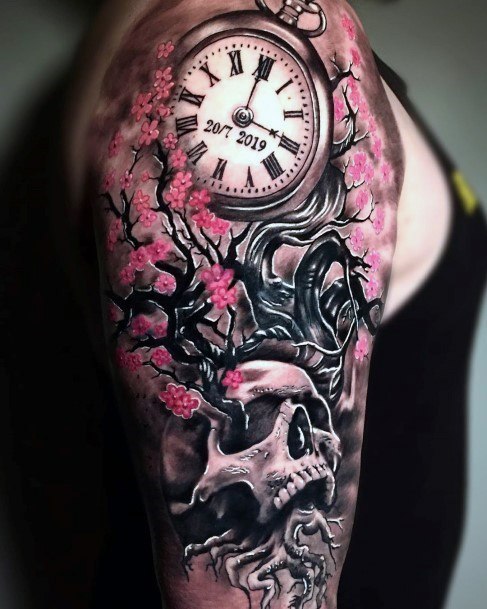 Cherry Blossoms And Skull Tattoo With Clock Womens Arms
