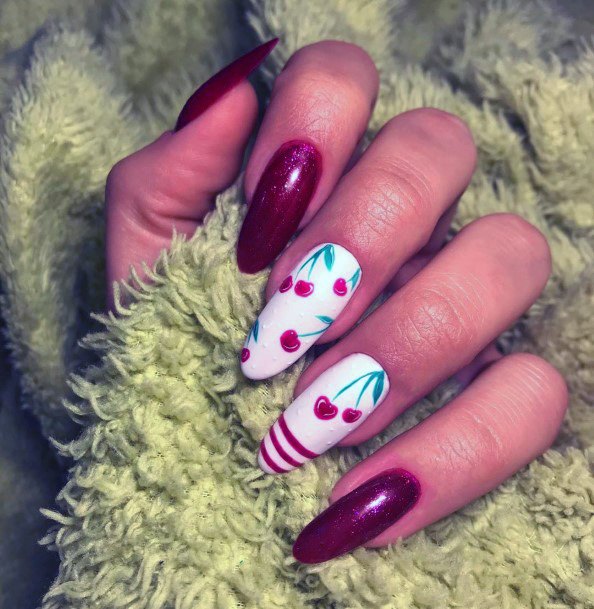 Cherry Colored Nails With Whoite Hued For Women