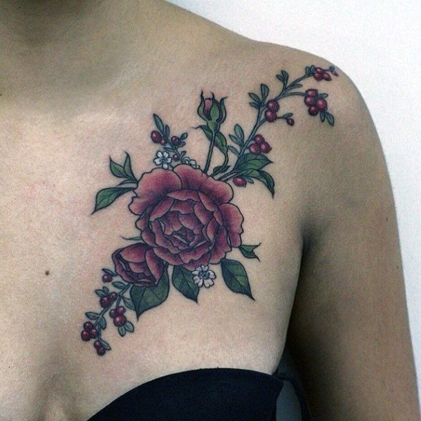 Cherry Fruits And Red Flower Womens Chest Tattoo