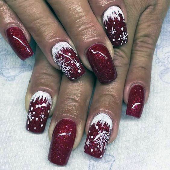 Cherry Red And White Snow Nails Women