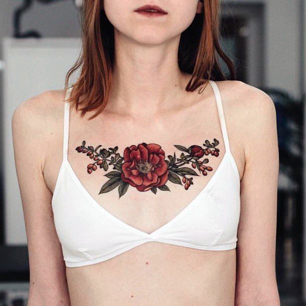 Cherry Red Flower Tattoo Womens Chest