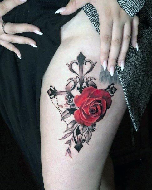 Cherry Red Rose Womens Thighs Tattoo