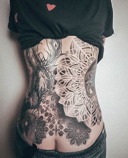 Chest Stomach Mandala Tattoos For Women Black And Grey Ink