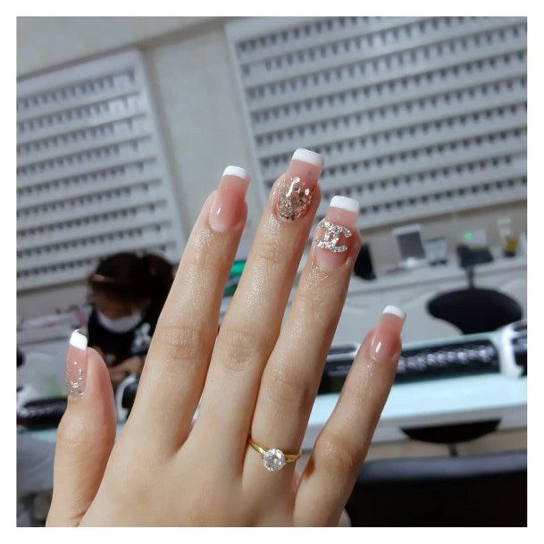 Chic Branded Sparkly Nails Square Shaped Ideas