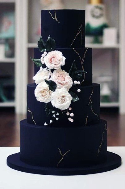 Chic Modern Black Tiered Cake With Gold Marbeling Inspiration Wedding Cake Ideas