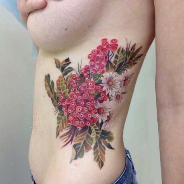 Chic Pink Flowers And Green Leaved Tattoo Womens Torso