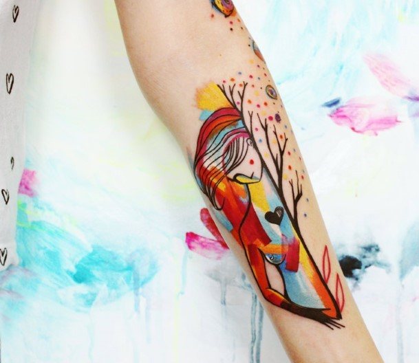 Chic Women And Tree Art Tattoo Forearms