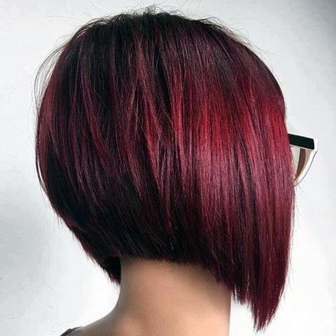 Chin Length Crimson Red Straight Hair With Inverted Wedge Haircut