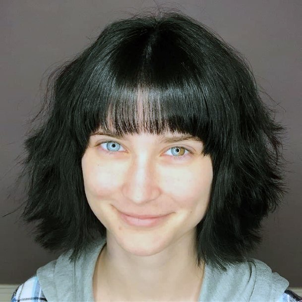 Chin Length Textured Shag On Black Haired Female With Bangs Styles