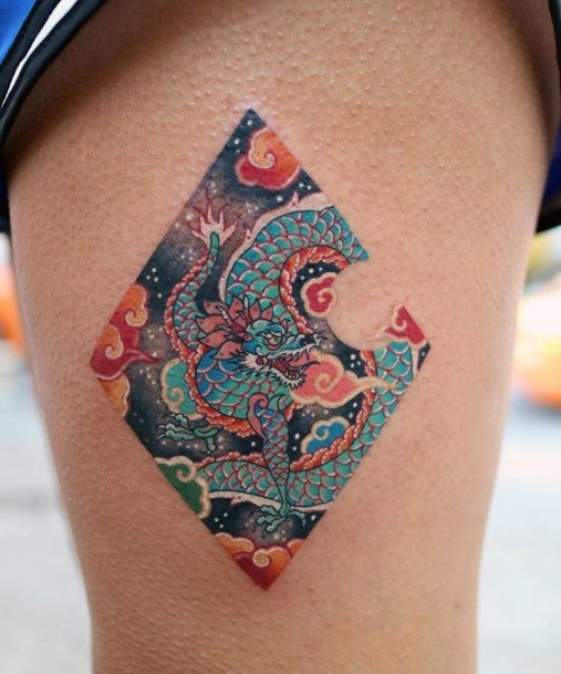 Chinese Dragon Tile Tattoo For Women On Leg