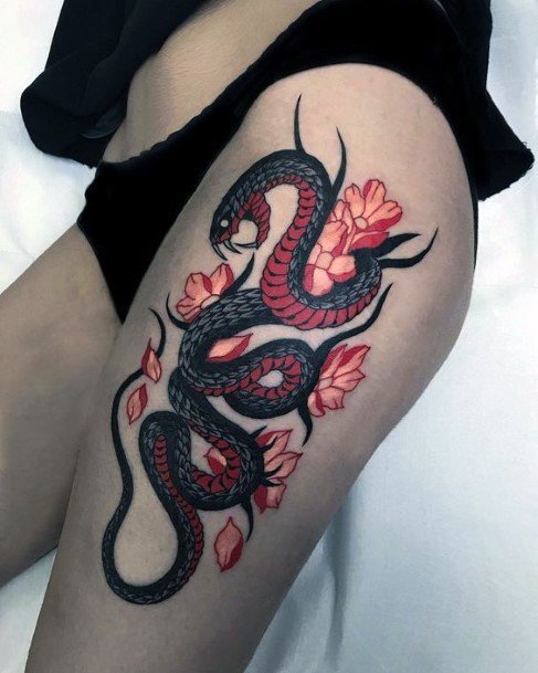 Chinese Tattoo Angry Snake And Blossoms Womens Thigh
