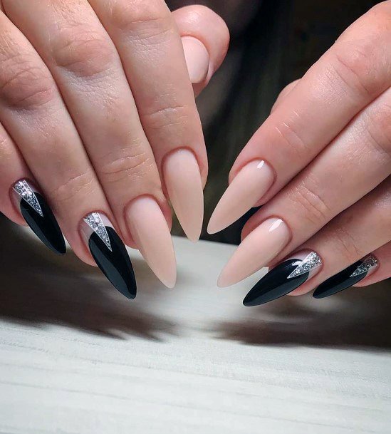 Chiq Long Black Nails With Silver Decorations Women