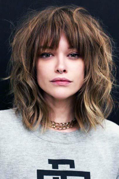 Chocolate Brown And Blonde Highlighted Textured Shag Bob Womens Hairstyle