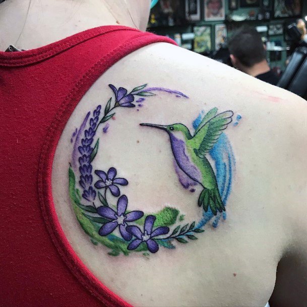 Circular Florals And Hummingbird Tattoo Womens Back