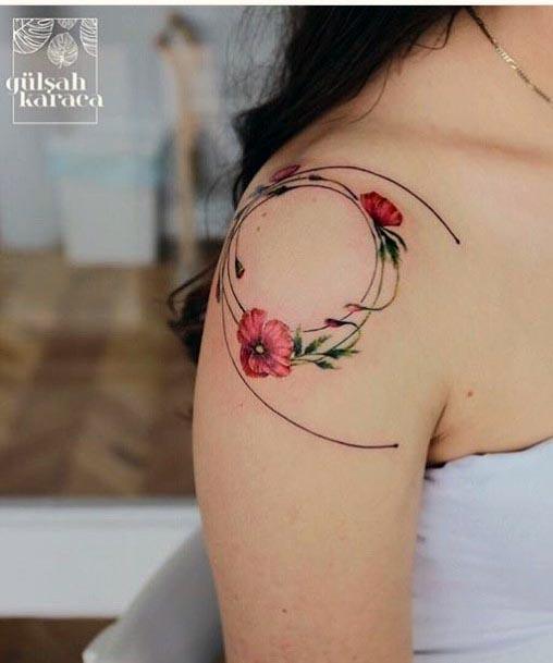 Circular Tattoo With Flowers Womens Shoulders