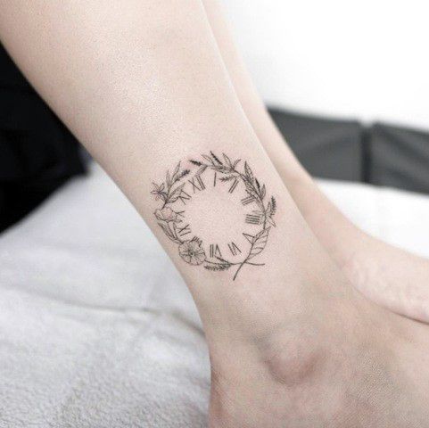 Circular Twig Clock Tattoo Womens Ankles