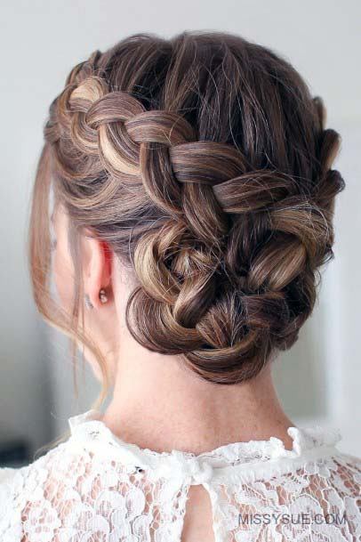 Classic Polished Brown And Blonde Highlighted Braided Updo Womens Hairstyle