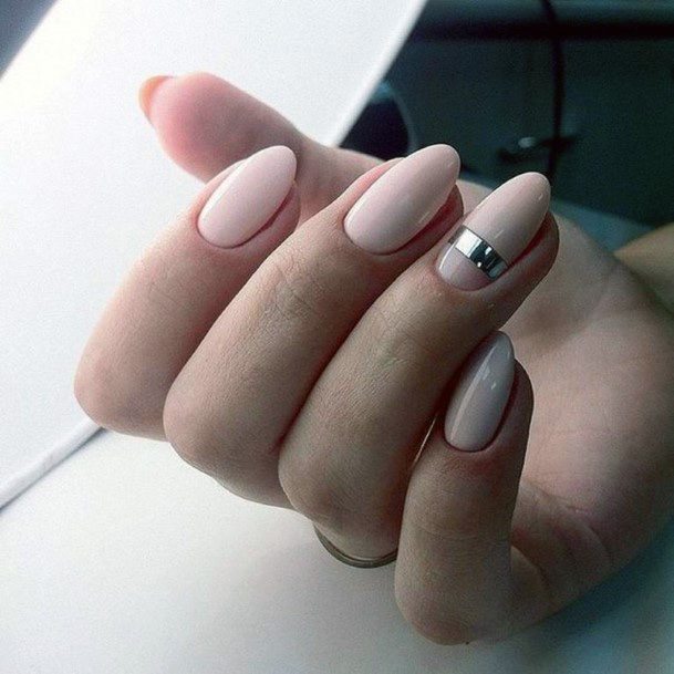 Classic Silver Band On Nude Almond Shaped Nails