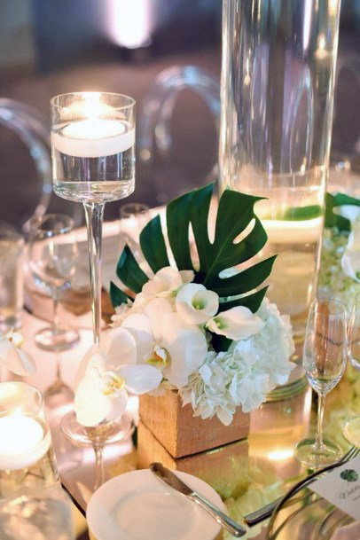 Classic Tropical Palm Leaf And White Floral Centerpiece Beach Wedding Ideas