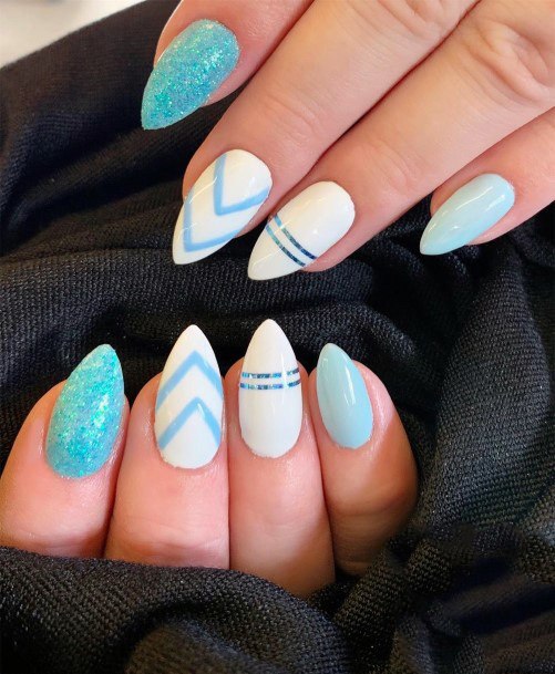 Classy Chevron Turquoise White Nails For Women