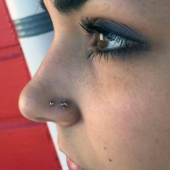 Classy Double Gold Horizontal Nostril Nose Piercings Ideas For Girls