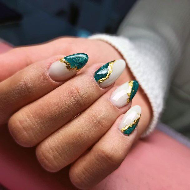 Classy Green And White Nails With Golden Curves Art