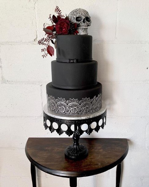 Classy Lace Art On Black Halloween Skull Wedding Cakes