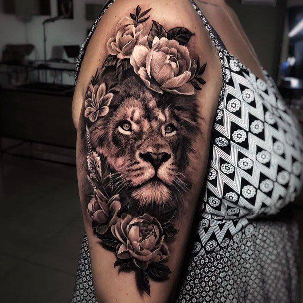 Classy Lion Tattoo With Lovely Blossoms Womens Arms