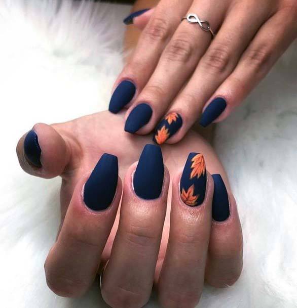 Classy Orange Leaves Painted On Navy Blue Fall Design