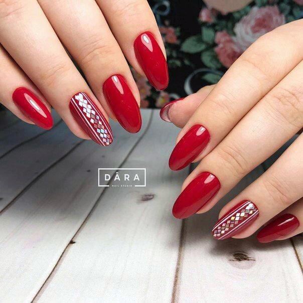 Classy Silver Art On Bright Red Nails For Women