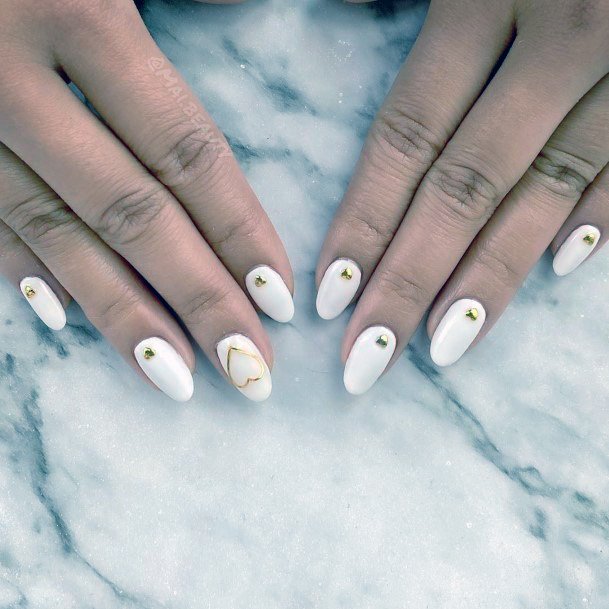 Classy White Nails With Golden Stone