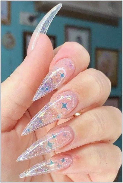 Clear Pink Glassy Nails With Stars And Glitter Women