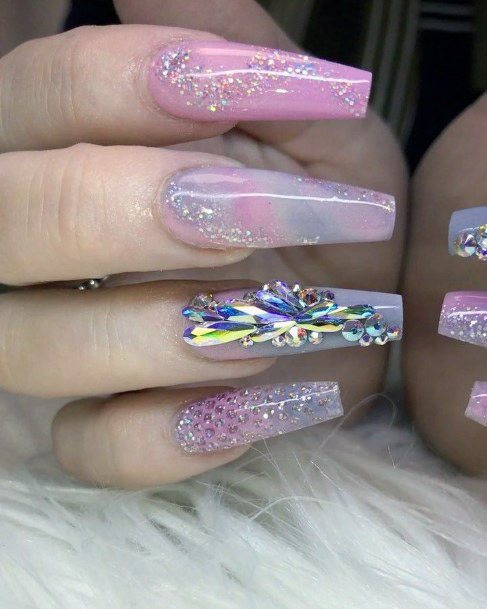 Clear Pink Nails Carpeted With Gems Women