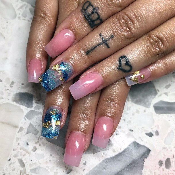 Clear Pink Nails With Blue Sparkles Women