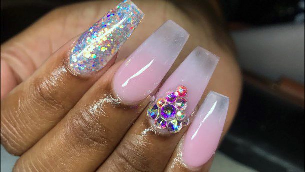 Clear Pink Nails With Rhinestones Women