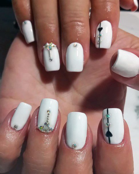 Clear White Nails With Rhinestone Embellishment Women