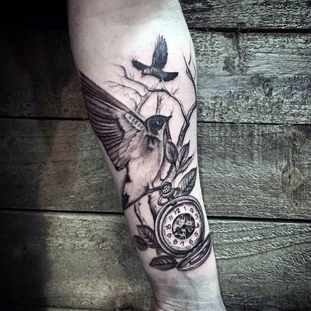 Clock And Bird Tattoo Womens Hands