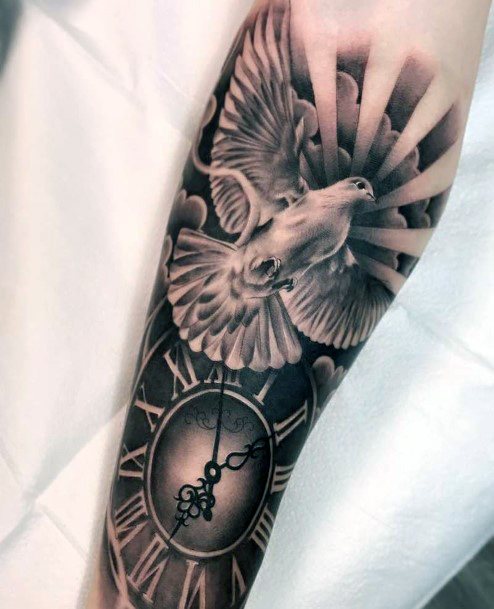 Clock And Dove Tattoo Womens Hands