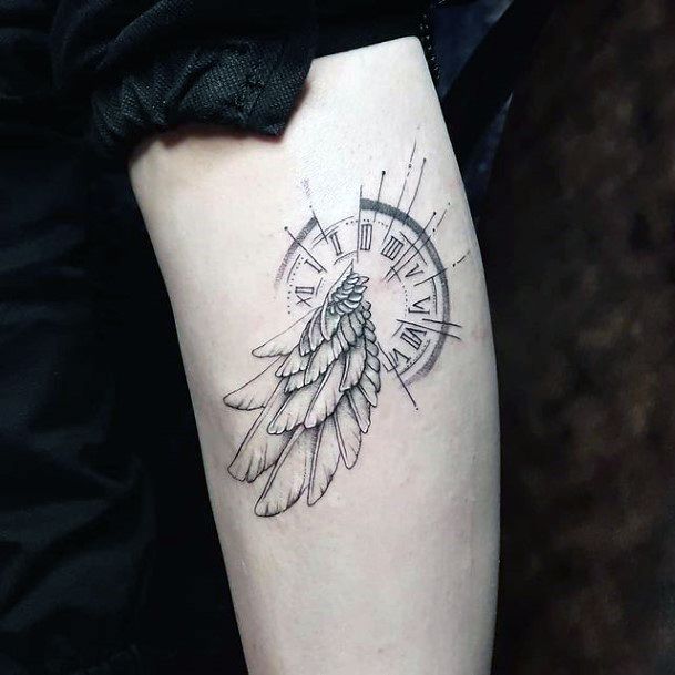 Clock And Feathers Tattoo Womens Hands