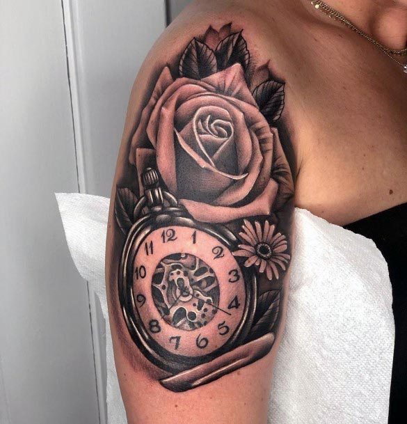 Clock And Rose Tattoo Womens Arms