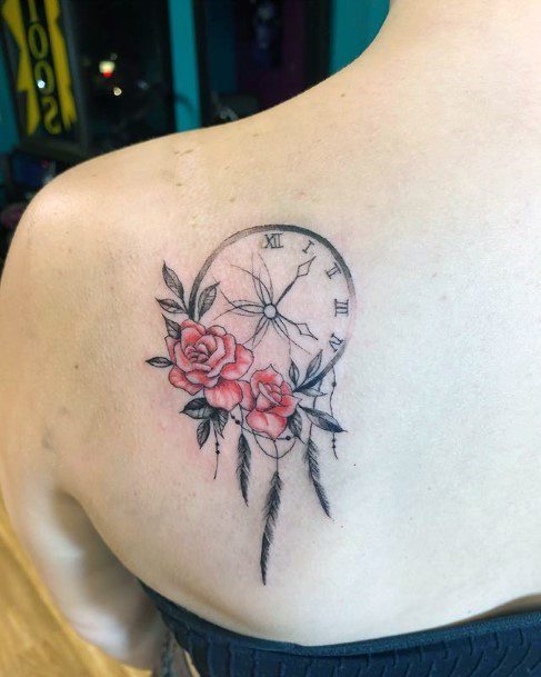 Clock And Roses Tattoo Womens Back