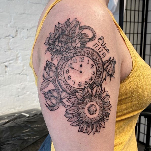 Clock And Sunflowers Tattoo Womens Arms