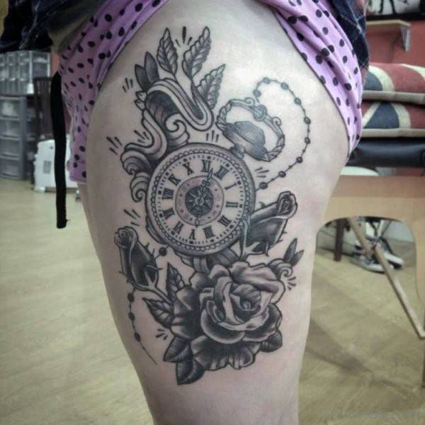 Clock With Chain And Roses Womens Thighs