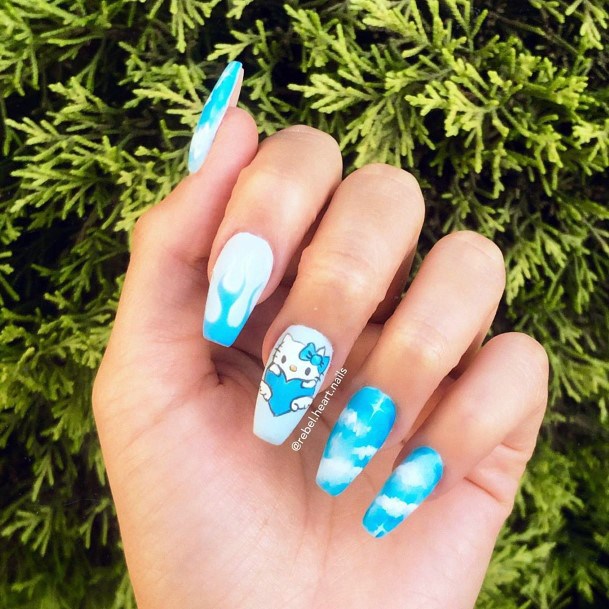 Clouds And Blue Sky Hello Kitty Nails Art